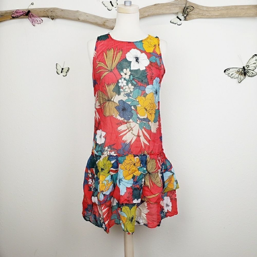 Indian gauze semi sheer bright floral ruffle dress